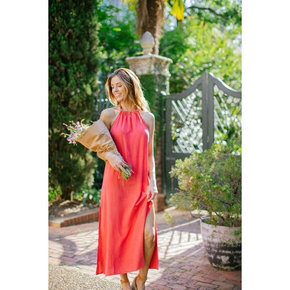 Bella Dahl Smocked Waist Halter Midi Dress in Azaleza Small New Womens Red - Picture 10 of 13